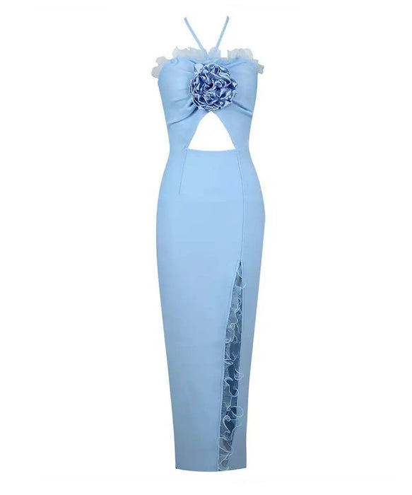 Flower Trim Cutout Long Dress In Blue - BEYAZURA.COM