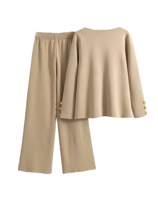 Gold Button Long Sleeve Sweater And Pants Set