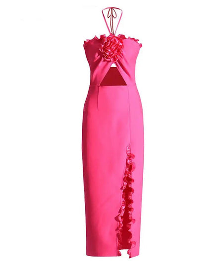 Flower Trim Cutout Long Dress In Pink - BEYAZURA.COM