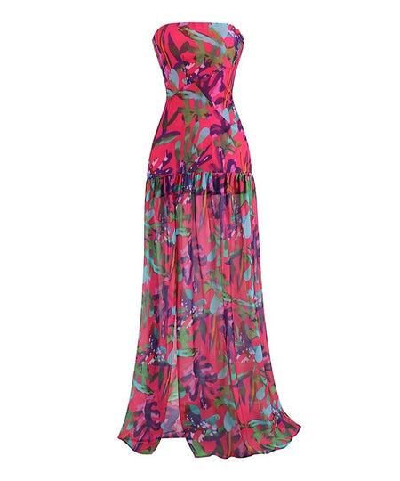 Multi Color Printed Strapless Long Dress - BEYAZURA.COM