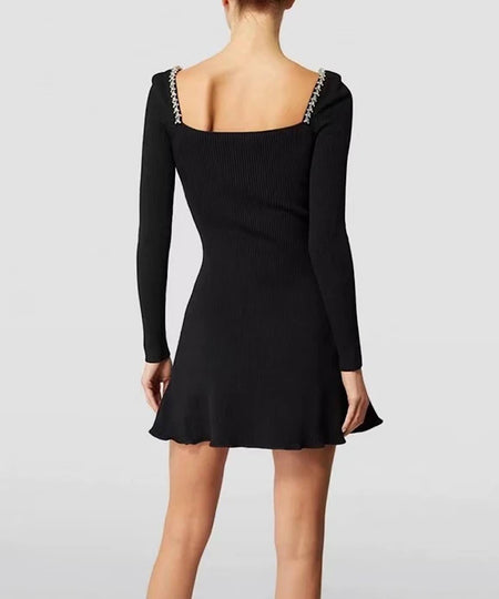 Jeweled Square Collar Black Knit Dress - BEYAZURA.COM