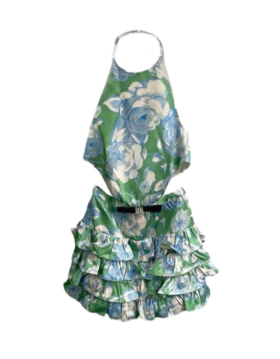 Green Flower Print Ruffle Short Dress