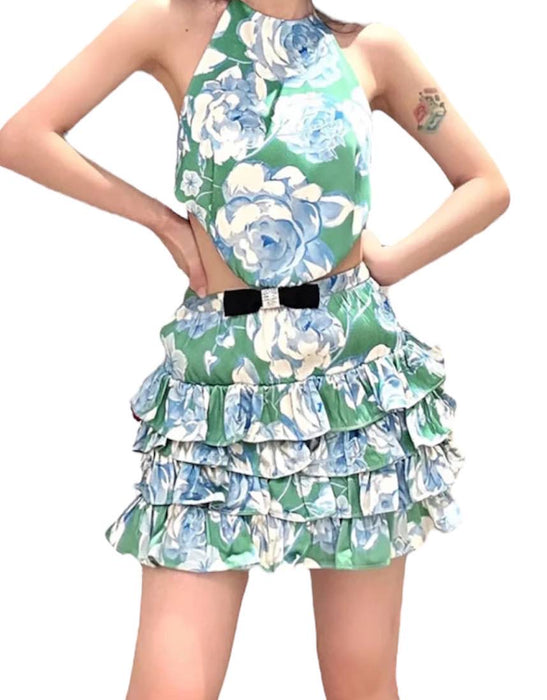 Green Flower Print Ruffle Short Dress