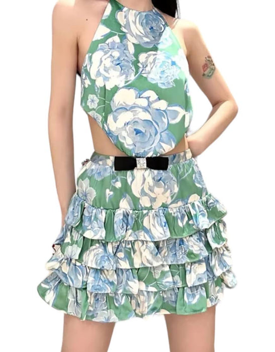 Green Flower Print Ruffle Short Dress