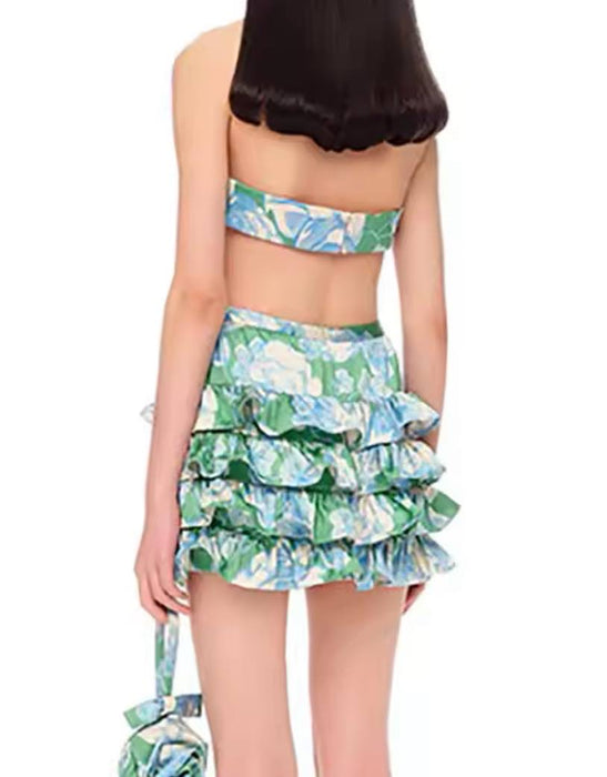 Green Flower Print Ruffle Short Dress