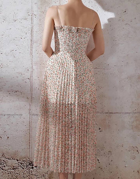 Floral Pleated Midi Summer Dress - BEYAZURA.COM