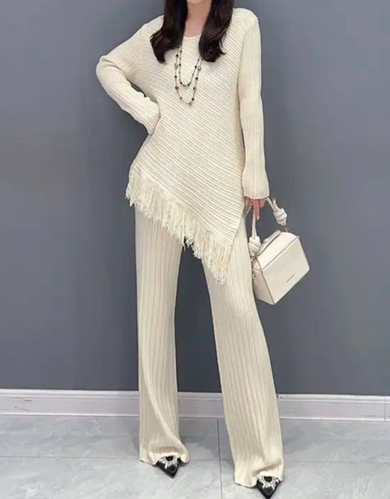 Asymmetrical Fringed Top With Pants Knit Set