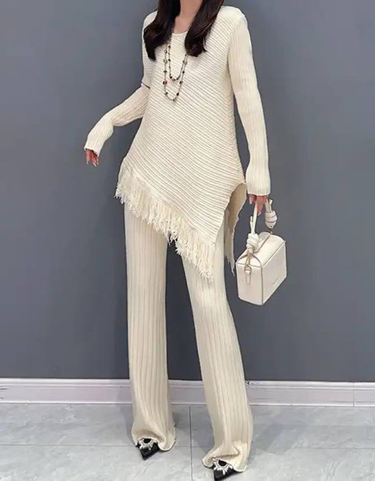 Asymmetrical Fringed Top With Pants Knit Set