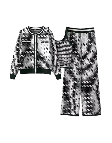 Houndstooth Jacquard Knit Three Piece Pants Set - BEYAZURA.COM