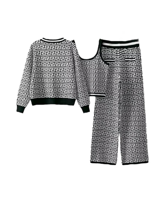 Houndstooth Jacquard Knit Three Piece Pants Set - BEYAZURA.COM