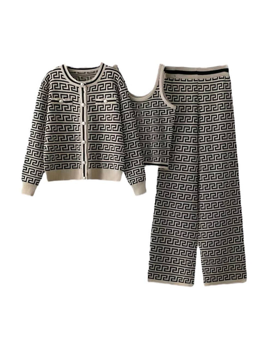 Houndstooth Jacquard Knit Three Piece Pants Set - BEYAZURA.COM