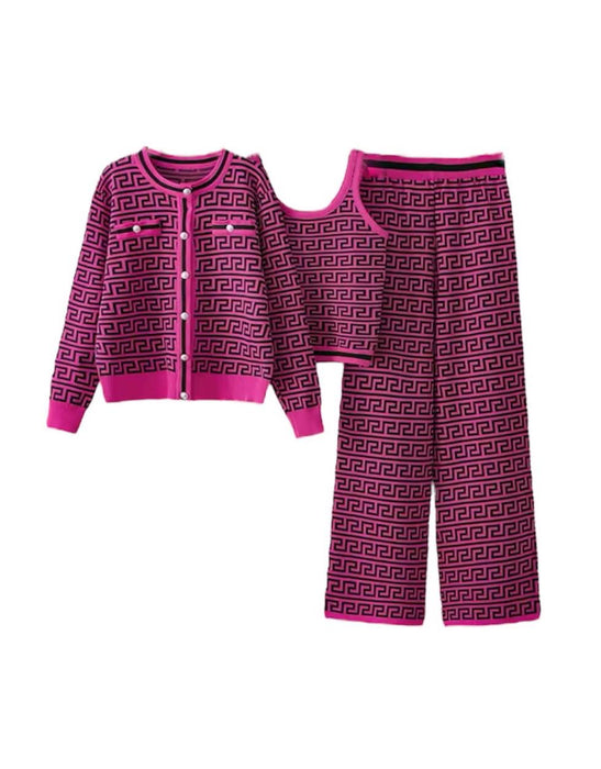 Houndstooth Jacquard Knit Three Piece Pants Set - BEYAZURA.COM