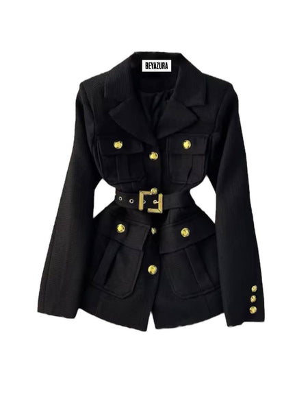 Double Breasted Gold Buttoned Blazer Coat - BEYAZURA.COM