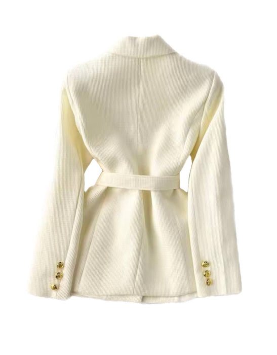 Double Breasted Gold Buttoned Blazer Coat - BEYAZURA.COM