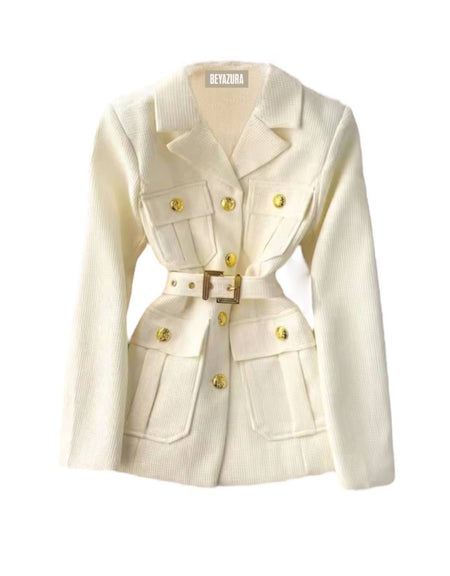 Double Breasted Gold Buttoned Blazer Coat - BEYAZURA.COM