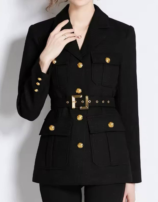 Double Breasted Gold Buttoned Blazer Coat - BEYAZURA.COM