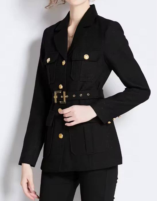 Double Breasted Gold Buttoned Blazer Coat - BEYAZURA.COM