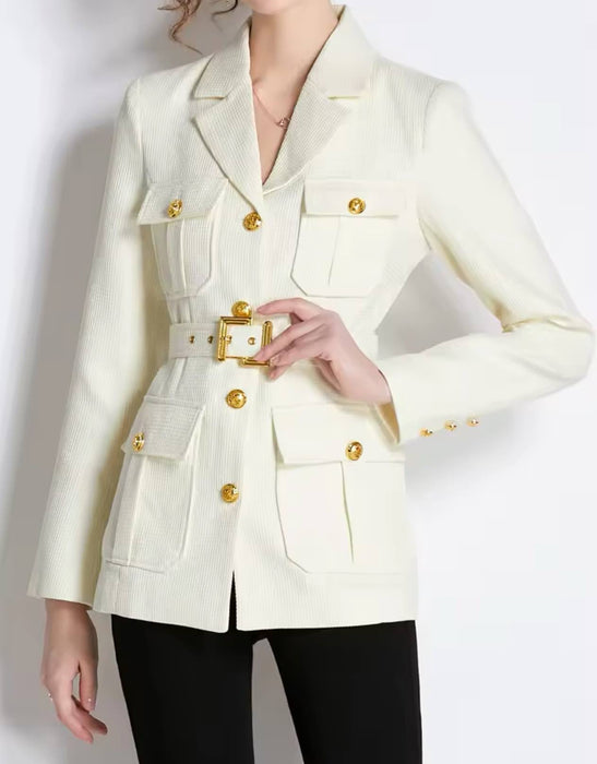 Double Breasted Gold Buttoned Blazer Coat - BEYAZURA.COM