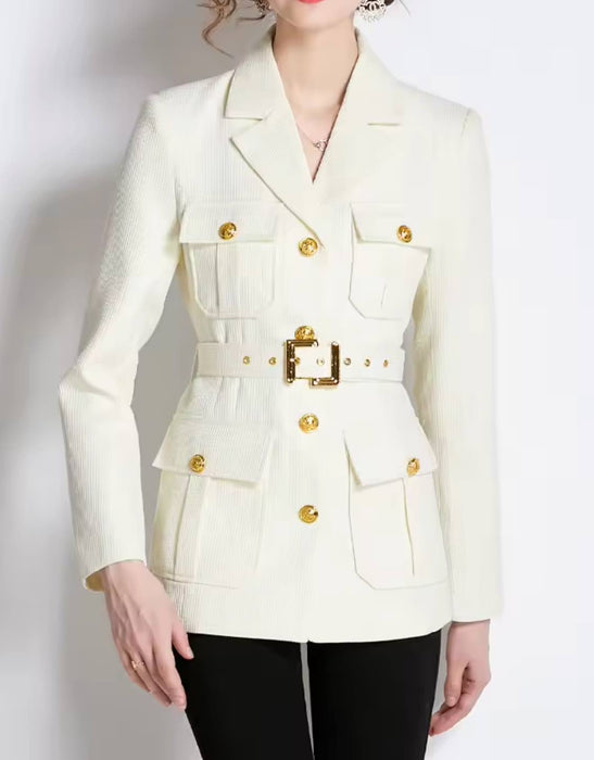 Double Breasted Gold Buttoned Blazer Coat - BEYAZURA.COM