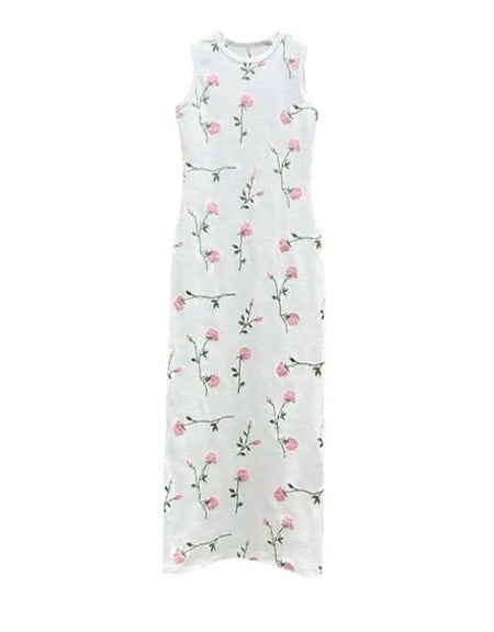 Pink Rose Sleeveless Knit Cotton White Dress - BEYAZURA.COM