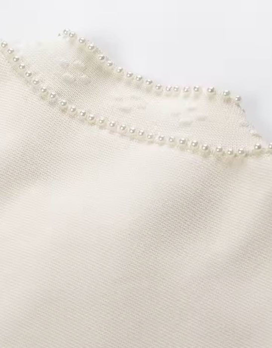 Pearl Embroidered Beige Long Dress With Matching Cardigan