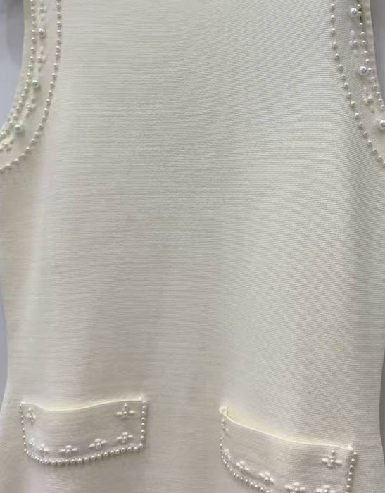 Pearl Embroidered Beige Long Dress With Matching Cardigan