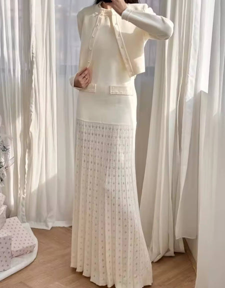 Pearl Embroidered Beige Long Dress With Matching Cardigan