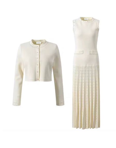 Pearl Embroidered Beige Long Dress With Matching Cardigan