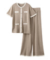 Long Pants And Pearl Buttoned Long Top Set - BEYAZURA.COM