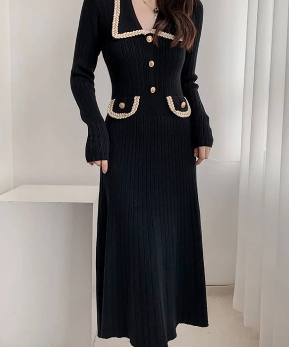 Collared Midi Dress with Metal Buttons and Pockets - BEYAZURA.COM