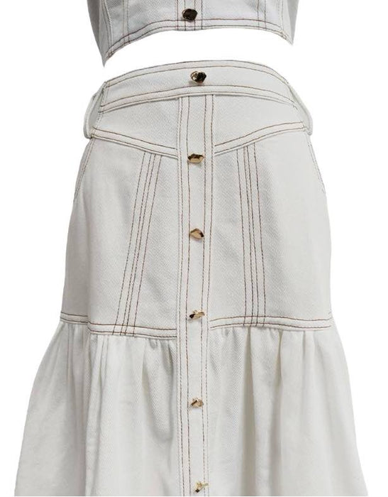 White Denim Cropped Top And Skirt Set - BEYAZURA.COM