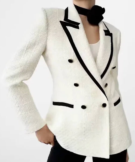 Tweed Long Lapel Knitted Blazer with Contrast Edges - BEYAZURA.COM