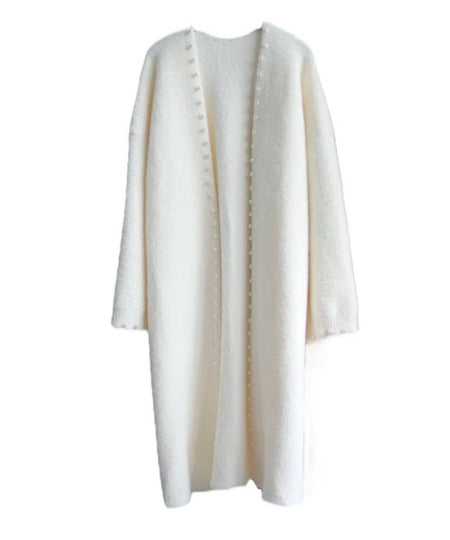 Thick Fuzzy Knitted Midi Cardigan With Pearls - BEYAZURA.COM