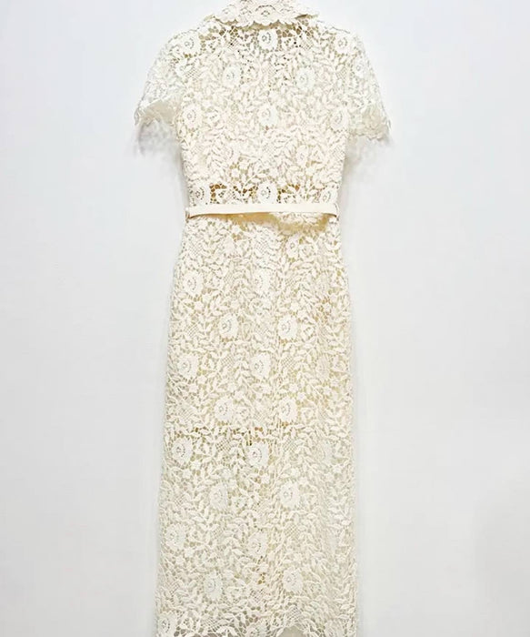 Lace Ankle Length Collared Dress In White - BEYAZURA.COM