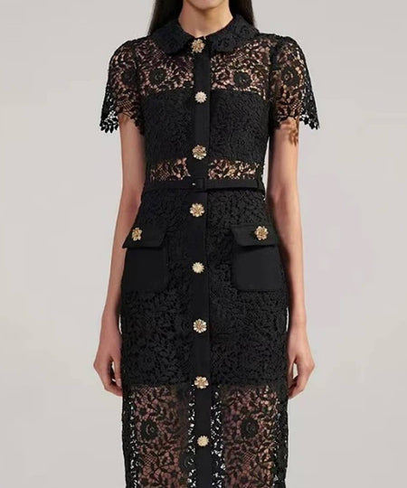Lace Ankle Length Collared Dress In Black - BEYAZURA.COM