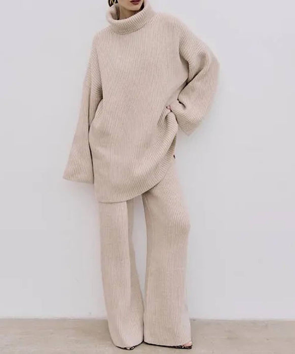 Loose Turtleneck Sweater and High Waisted Wide Leg Pants Coord Set