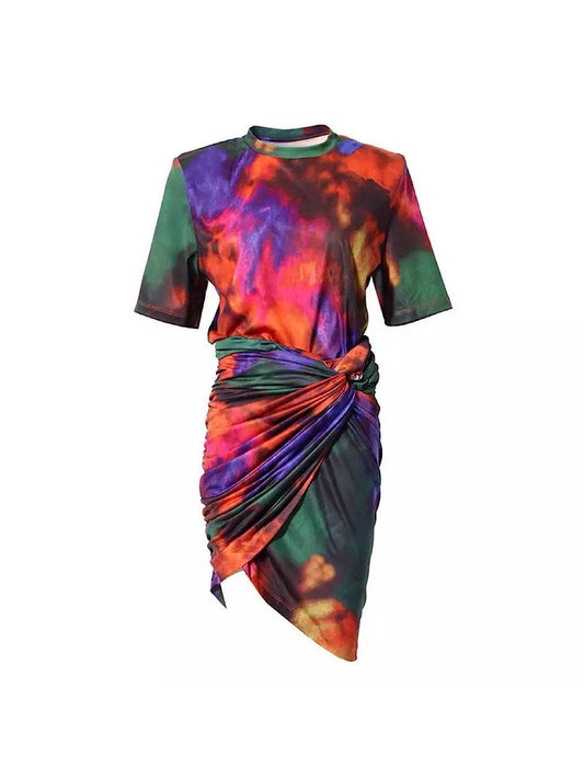 Abstract Printed Draped Bodycon Two Piece Set - BEYAZURA.COM