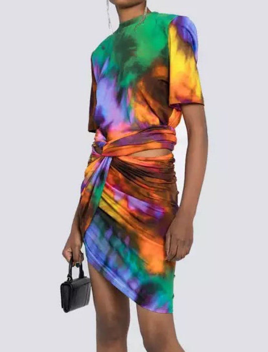 Abstract Printed Draped Bodycon Two Piece Set - BEYAZURA.COM