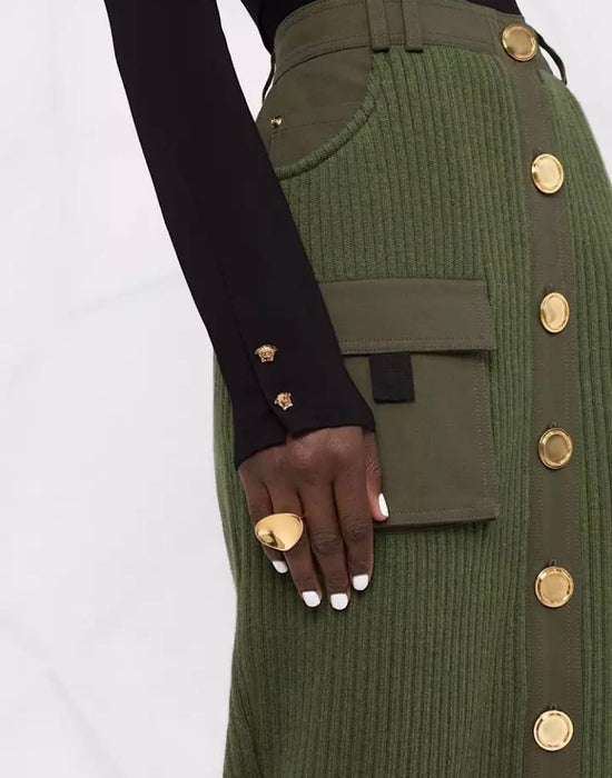 Army Green Rib Knit Skirt - BEYAZURA.COM