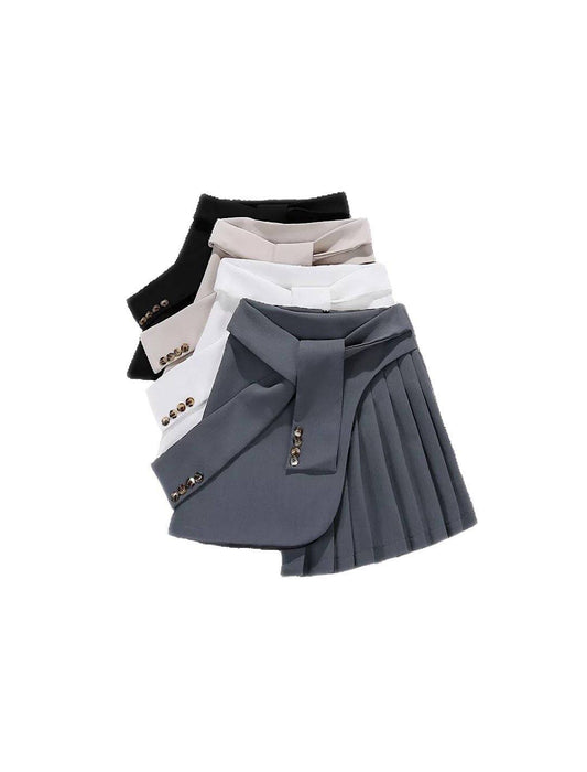 Asymmetrical Pleated Mini Button Skort - BEYAZURA.COM