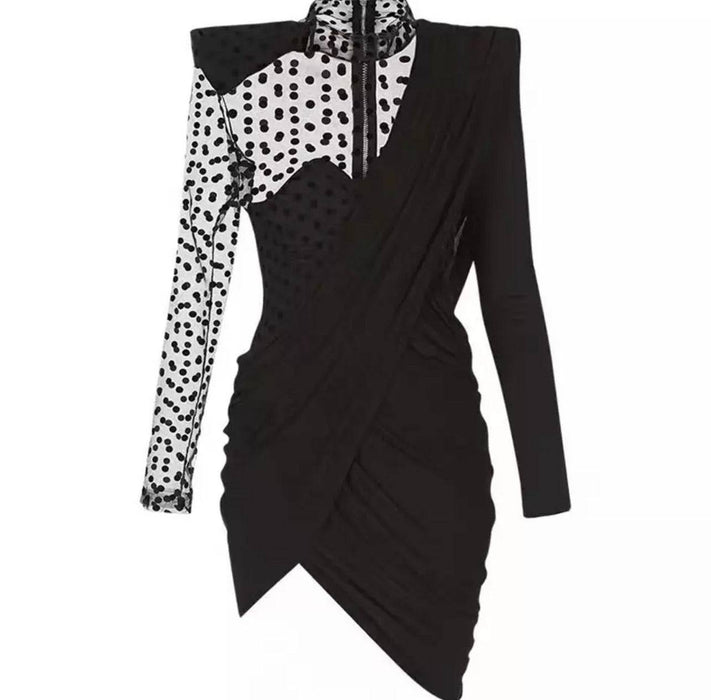 Asymmetrical Polka Dot Mesh Draped Dress - BEYAZURA.COM