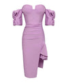 Asymmetrical Puffy Sleeve Midi Dress in Purple - BEYAZURA.COM