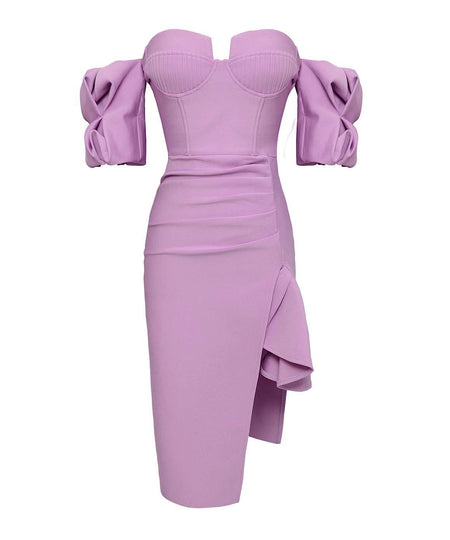 Asymmetrical Puffy Sleeve Midi Dress in Purple - BEYAZURA.COM
