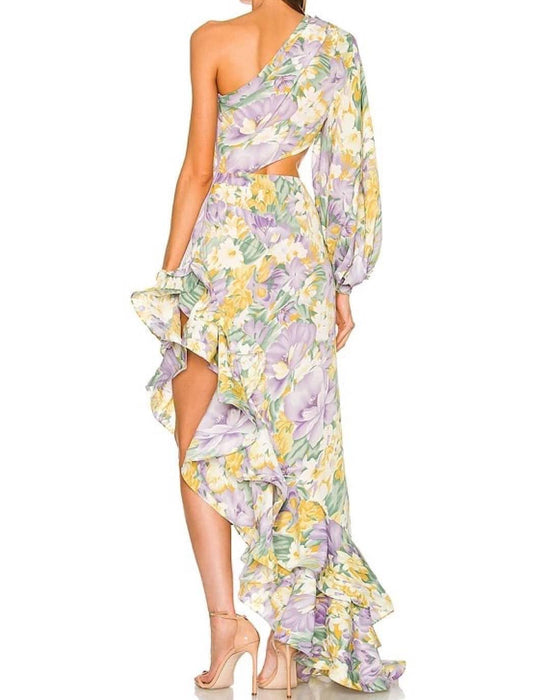 Asymmetrical Ruffled One Sleeve Dress - BEYAZURA.COM