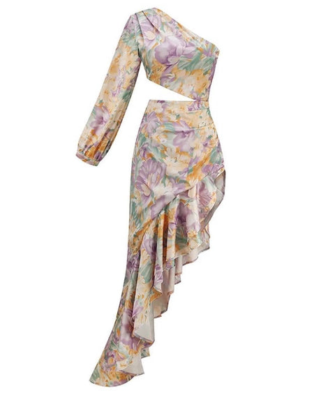 Asymmetrical Ruffled One Sleeve Dress - BEYAZURA.COM