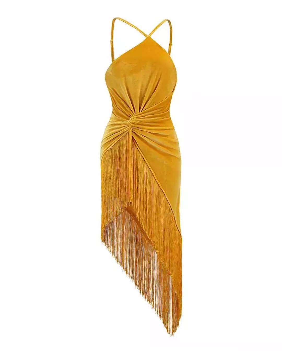 Asymmetrical Tassel Draped Velvet Dress In Yellow– Beyazura.com