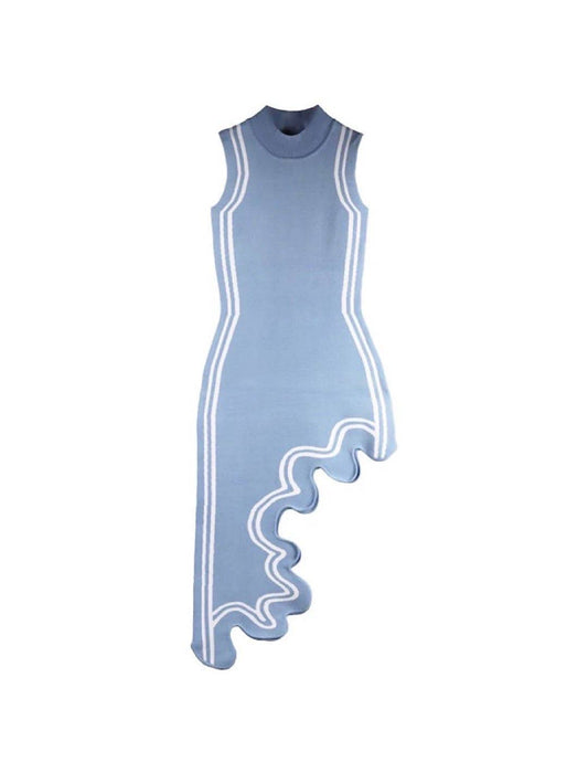 Asymmetrical Wavy Hem Knit Blue Dress - BEYAZURA.COM