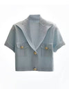 Bandage Short Sleeve Metal Button Knit Collar Short Top - BEYAZURA.COM