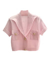 Bandage Short Sleeve Metal Button Knit Collar Short Top - BEYAZURA.COM