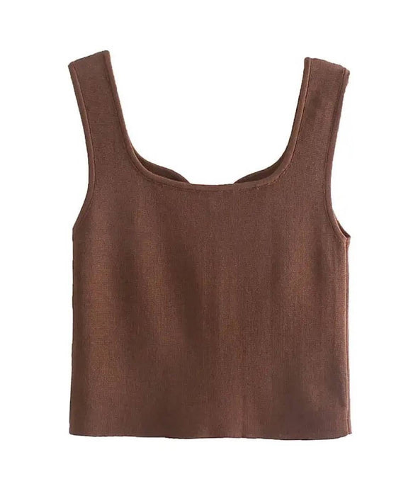 Basic Knitted Sleeveless Crop Top In Coffee - BEYAZURA.COM